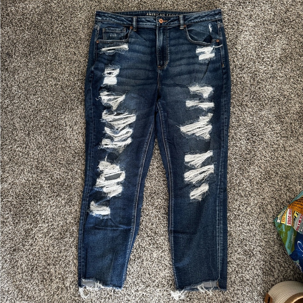 American Eagle Outfitters Women's Ripped Dark Blue Mom Jeans